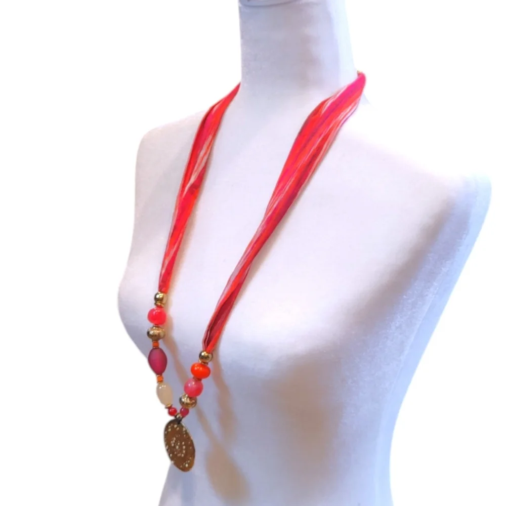 Chicos Pink Orange Beaded Scarf Pendant Statement Necklace Fashion Jewelry